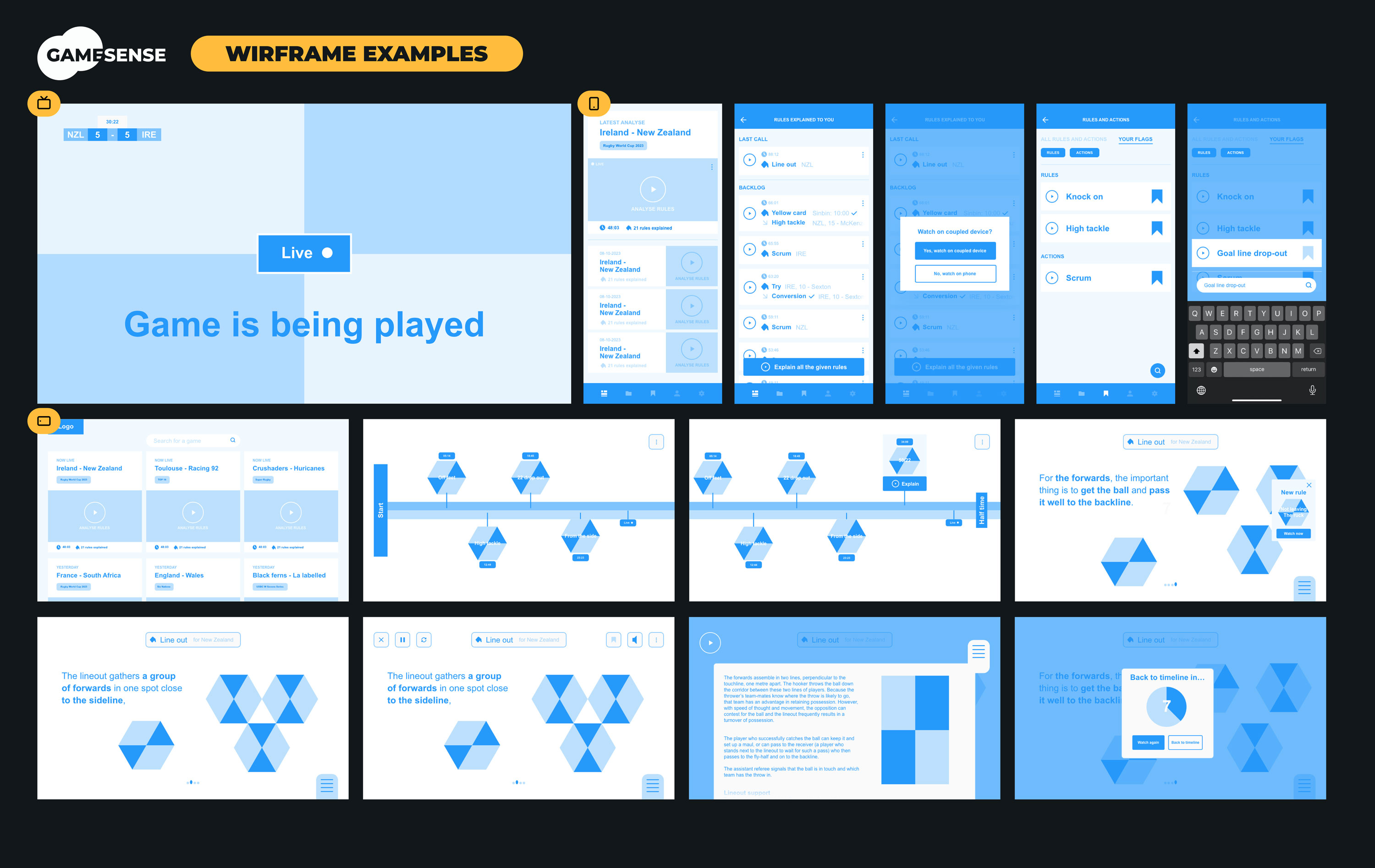 Wireframes I made for Game Sense